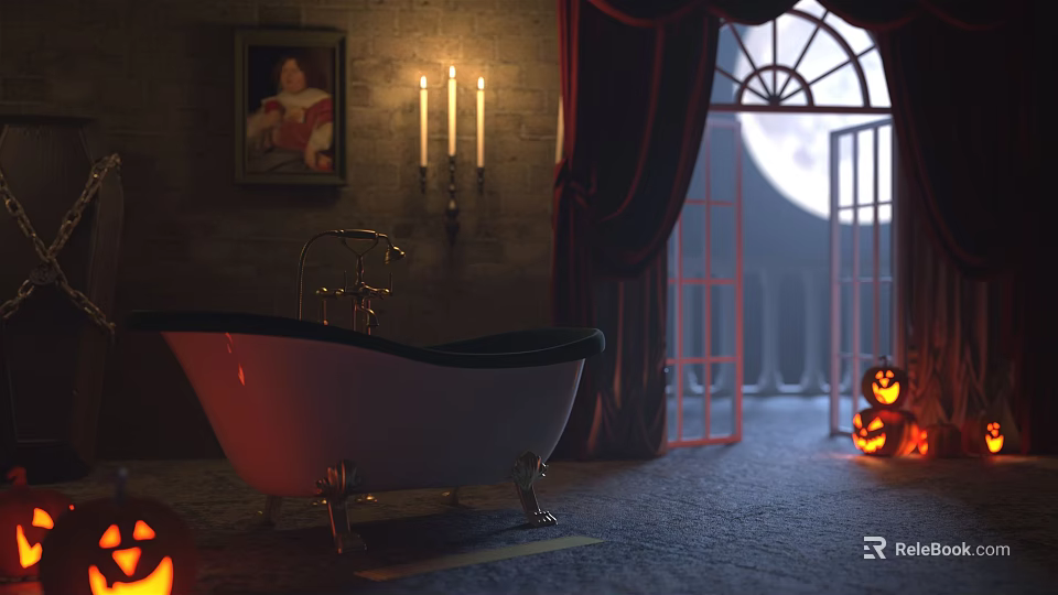 Vintage White Bathtub With Brass Faucet Lit Candles Red Curtains And Full Moon View 3d model 