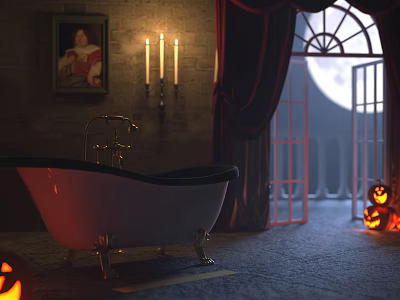 Vintage White Bathtub With Brass Faucet Lit Candles Red Curtains And Full Moon View 3d model