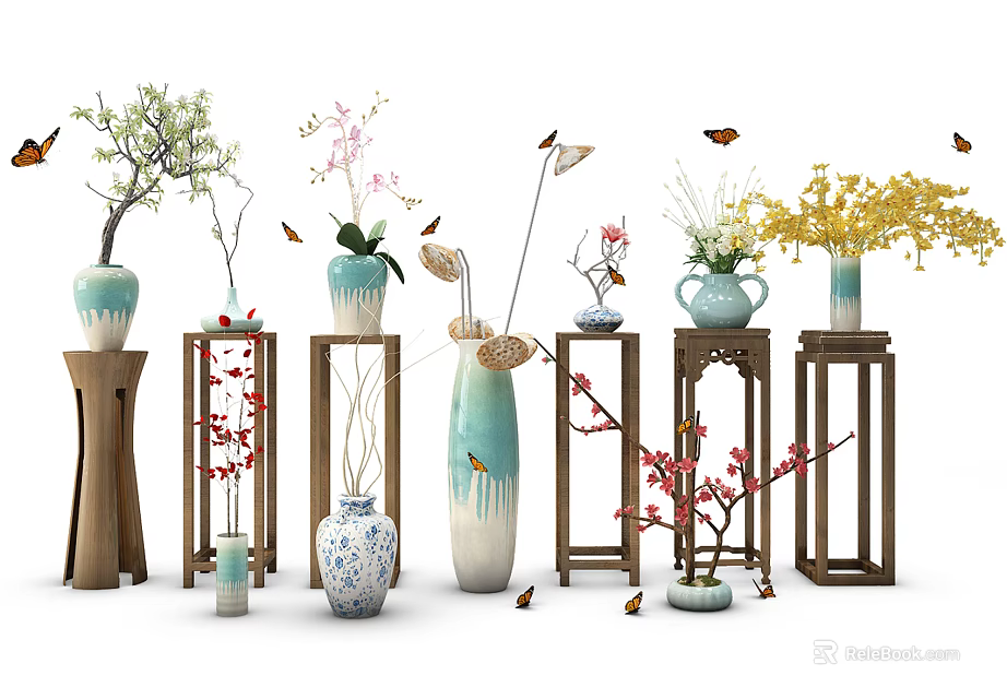 Various Style Ceramic Vases with Flower Arrangements on Wooden Stands and Butterflies for Home Decor 3d model 