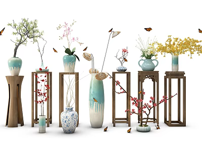 Various Style Ceramic Vases with Flower Arrangements on Wooden Stands and Butterflies for Home Decor 3d model