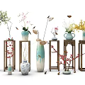 Various Style Ceramic Vases with Flower Arrangements on Wooden Stands and Butterflies for Home Decor