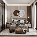 Elegant Modern Bedroom Interior With Bed Nightstand Lamp Round Marble Decorative Art And Stuffed Bear