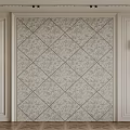Elegant Bedroom Accent Wall With Diamond Pattern Wallpaper Wall Sconces And Decorative Moldings