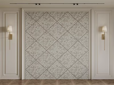 Elegant Bedroom Accent Wall With Diamond Pattern Wallpaper Wall Sconces And Decorative Moldings 3d model