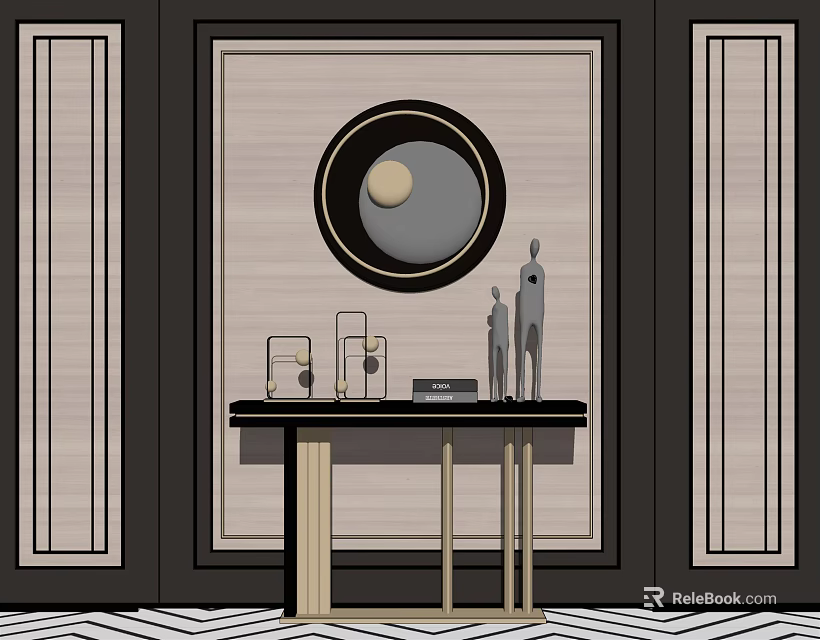 Modern Console Table Interior With Sculptures And Decorative Textured Wall Art 3d model