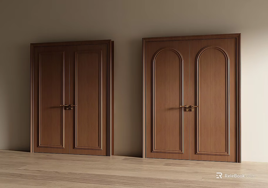 Brown Wooden Double Doors With Classic Panel Design In Interior Space 3d model