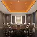 Modern Private Dining Room Interior With Orange Ceiling Red Wall Round Table And Marble Floor 3d model