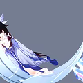 Man Sitting On Crescent Moon With Blue White Outfit And Butterfly Decorations