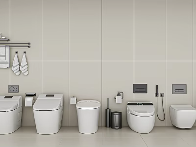 Modern Bathroom Toilet Designs With Various Styles And Tile Wall Background 3d model