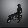 Futuristic Helmeted Figure Standing Beside Sleek Motorcycle With Green Armor And Black Wheels