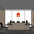 Court Interior Design Featuring National Emblem Judges' Desk Computers Chairs and Wooden Walls
