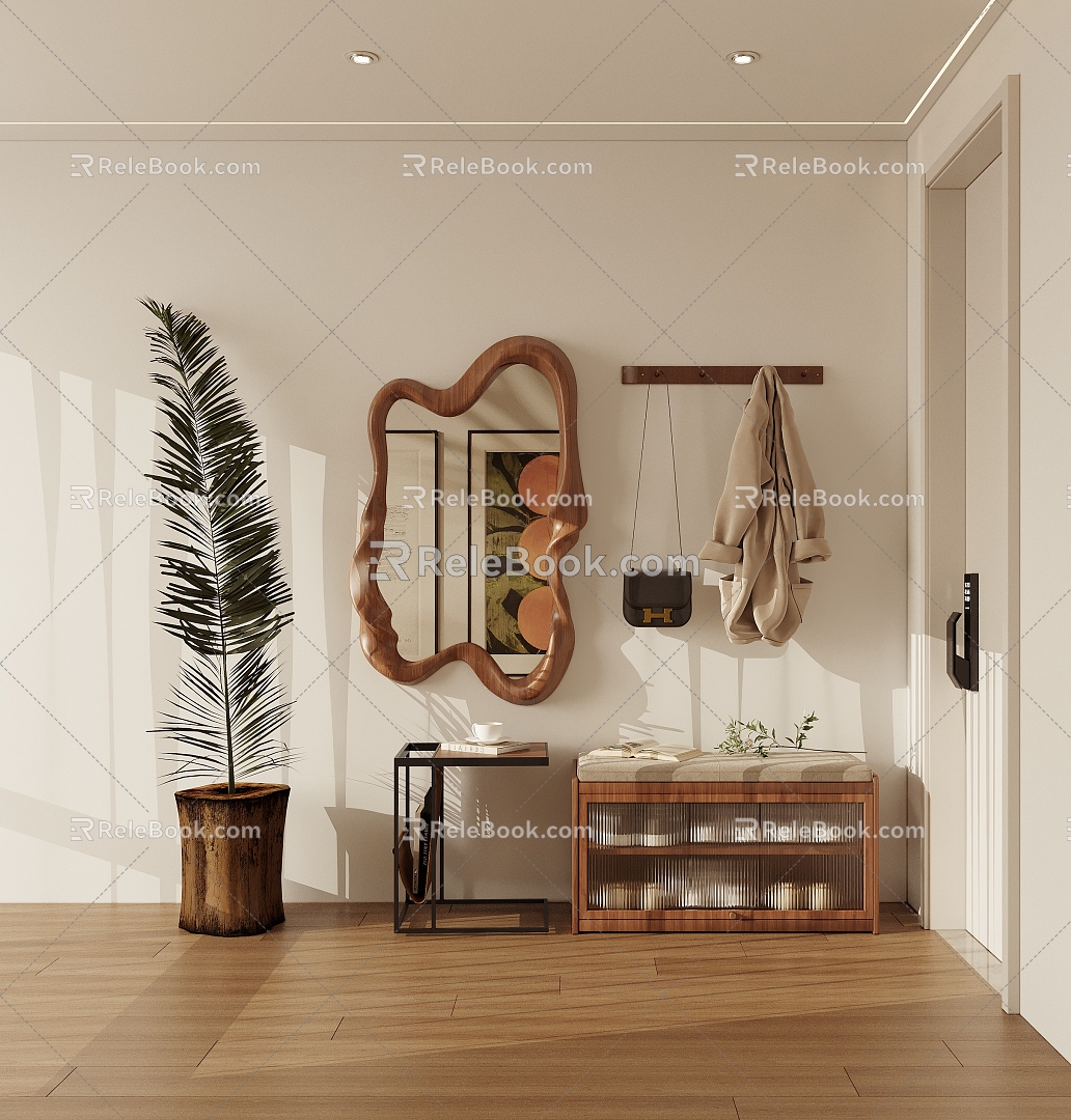 The entrance door is silent and the whole-body mirror changes shoes stool clothes pole 3d model