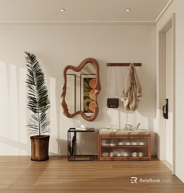 Natural Entryway Interior With Irregular Shaped Wooden Mirror Coat Rack Green Plant And Cabinet 3d model 