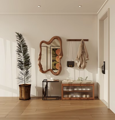 Natural Entryway Interior With Irregular Shaped Wooden Mirror Coat Rack Green Plant And Cabinet 3d model