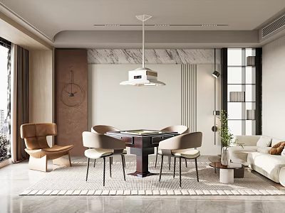 Elegant Modern Hotel Mahjong Room With Mahjong Table Comfortable Chairs And Pendant Light 3d model