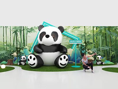 Large Panda Sculpture Photo Check-in Spot With Bamboo Forest And Small Pandas 3d model
