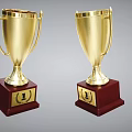Two Golden Trophies with Red Bases Featuring Number 1 and Laurel Wreath