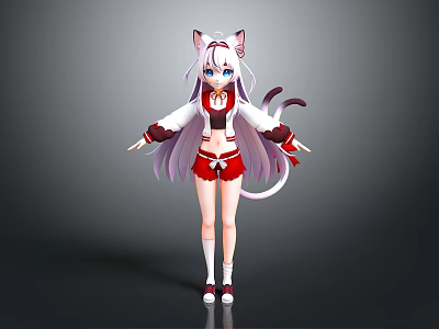 Anime Style Character With Cat Ears Tail Purple Hair Blue Eyes Red White Outfit 3d model
