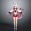 Anime Style Character With Cat Ears Tail Purple Hair Blue Eyes Red White Outfit