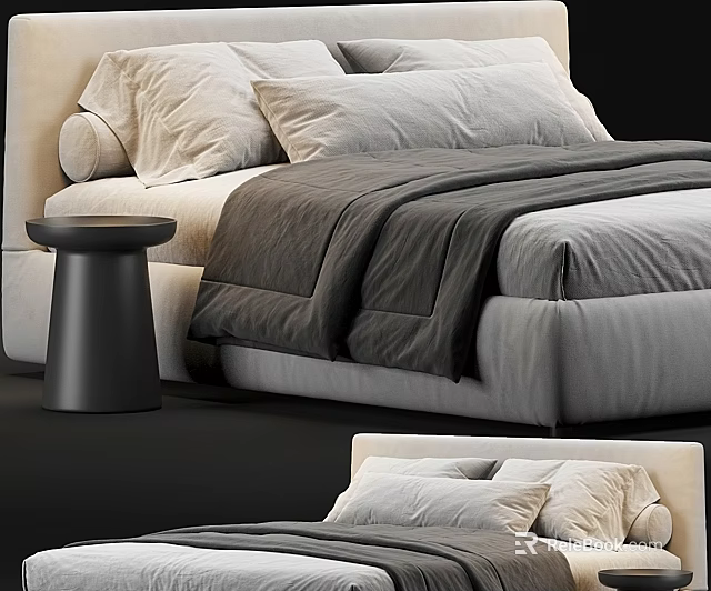 Modern Double Bed With Upholstered Headboard Gray Bedding Pillows And Side Stool 3d model