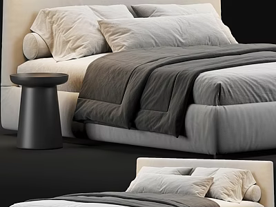 Modern Double Bed With Upholstered Headboard Gray Bedding Pillows And Side Stool 3d model
