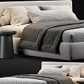 Modern Double Bed With Upholstered Headboard Gray Bedding Pillows And Side Stool 3d model