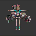 Futuristic Anime Female Character With Mechanical Creature Wings And Pink Blue Outfit