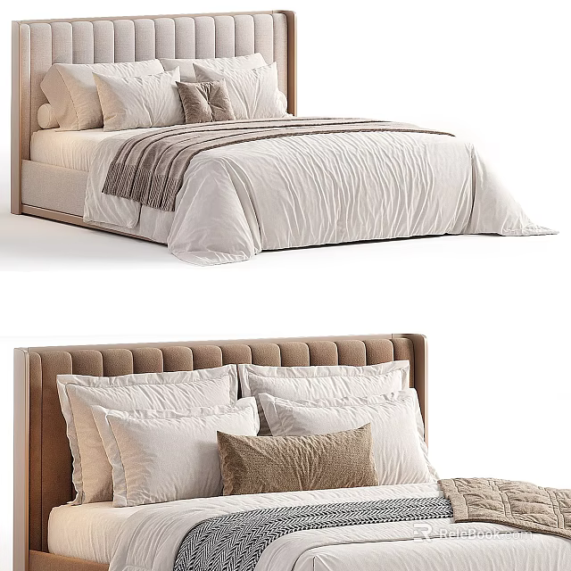 Modern Double Bed Interior With Upholstered Headboard Neutral Pillows And Textured Bedspread 3d model 