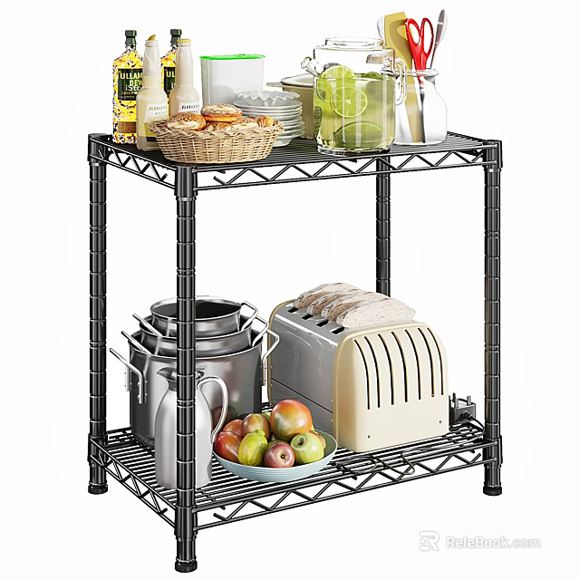 Black Wire Two Tier Shelf For Kitchen With Toaster Fruits Glass Jars And Baskets 3d model 