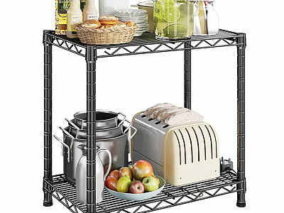 Black Wire Two Tier Shelf For Kitchen With Toaster Fruits Glass Jars And Baskets 3d model
