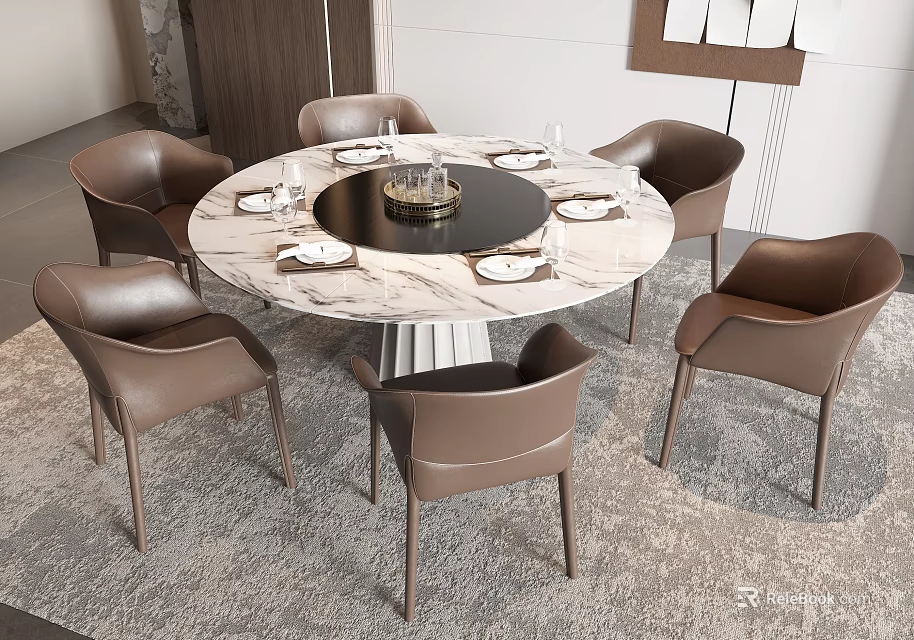 Modern Dining Table Set With Marble Top And Six Brown Leather Chairs 3d model