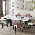 Modern Dining Table Set with Marble Top Woven Back Chairs and Decorative Wall Art 3d model