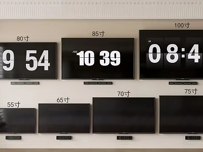 Different Size Televisions 55 Inch to 100 Inch on Wall 3d model
