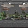 Industrial Style Bar Interior With Exposed Pipes Round Lights Green Plants And Projection Screen