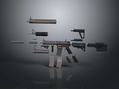 Modern Disassembled Rifle Weapon With Barrel Magazine And Components 3d model