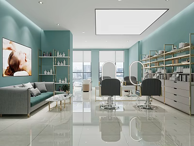Modern Beauty Hair Salon Interior With Teal Walls Mirrors Barber Chairs And Beauty Products 3d model