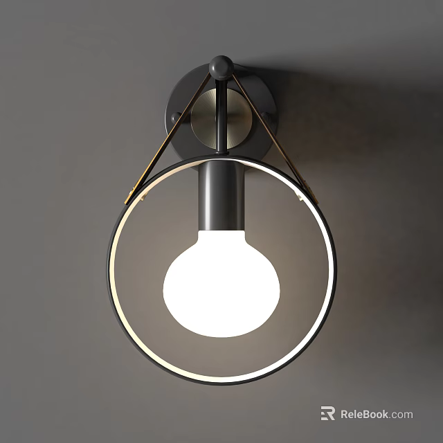 Modern Circular Ring Wall Lamp with Globe Bulb and Metallic Black Gold Frame 3d model