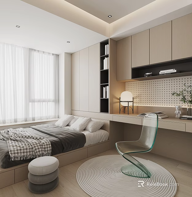 Minimalist Tatami Bedroom Interior With Built in Bookshelf Study Desk Transparent Chair And White Curtains 3d model 