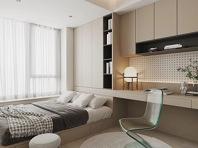 Minimalist Tatami Bedroom Interior With Built in Bookshelf Study Desk Transparent Chair And White Curtains 3d model