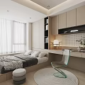 Minimalist Tatami Bedroom Interior With Built in Bookshelf Study Desk Transparent Chair And White Curtains