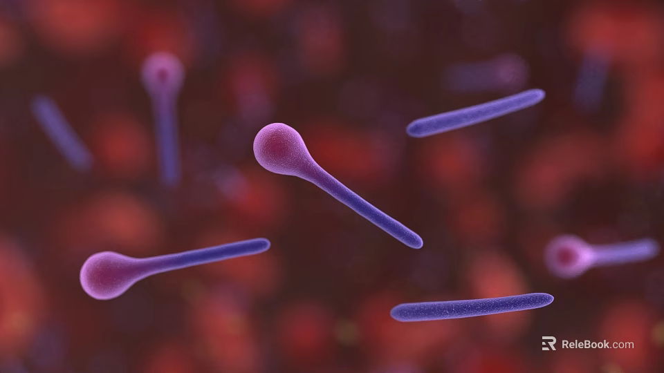 Purple Microorganisms With Rod Shaped And Spherical Structures On Red Background 3d model 