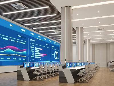 Modern Monitoring Room With Data Screens And Rows Of Workstations 3d model
