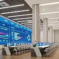 Modern Monitoring Room With Data Screens And Rows Of Workstations