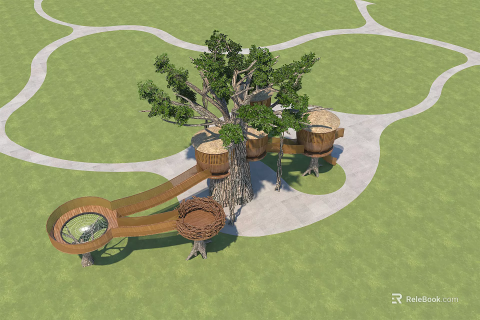 Outdoor Tree Playground With Wooden Platforms And Curved Paths On Green Grass 3d model 
