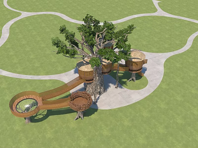 Outdoor Tree Playground With Wooden Platforms And Curved Paths On Green Grass 3d model