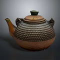 Traditional Metal Teapot with Raised Dot Decoration Brown Black Finish and Green Lid Handles