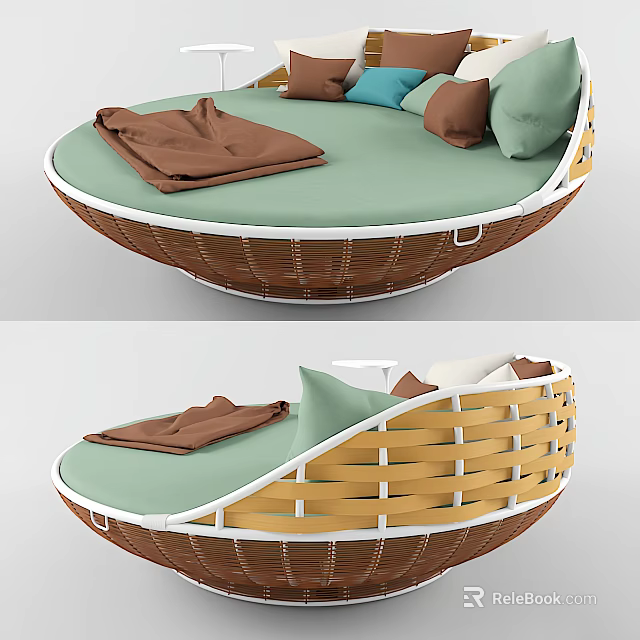 Stylish Woven Rattan Round Design Sectional Sofa With Green Cushion Brown Pillows and Soft Blanket 3d model 