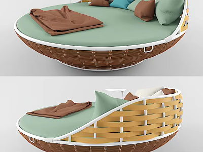 Stylish Woven Rattan Round Design Sectional Sofa With Green Cushion Brown Pillows and Soft Blanket 3d model