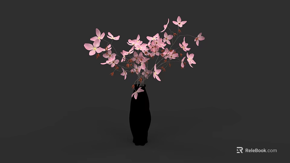 Black Vase With Pink Blooming Flowers And Delicate Branches On Gray Background 3d model 