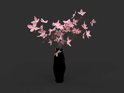 Black Vase With Pink Blooming Flowers And Delicate Branches On Gray Background 3d model